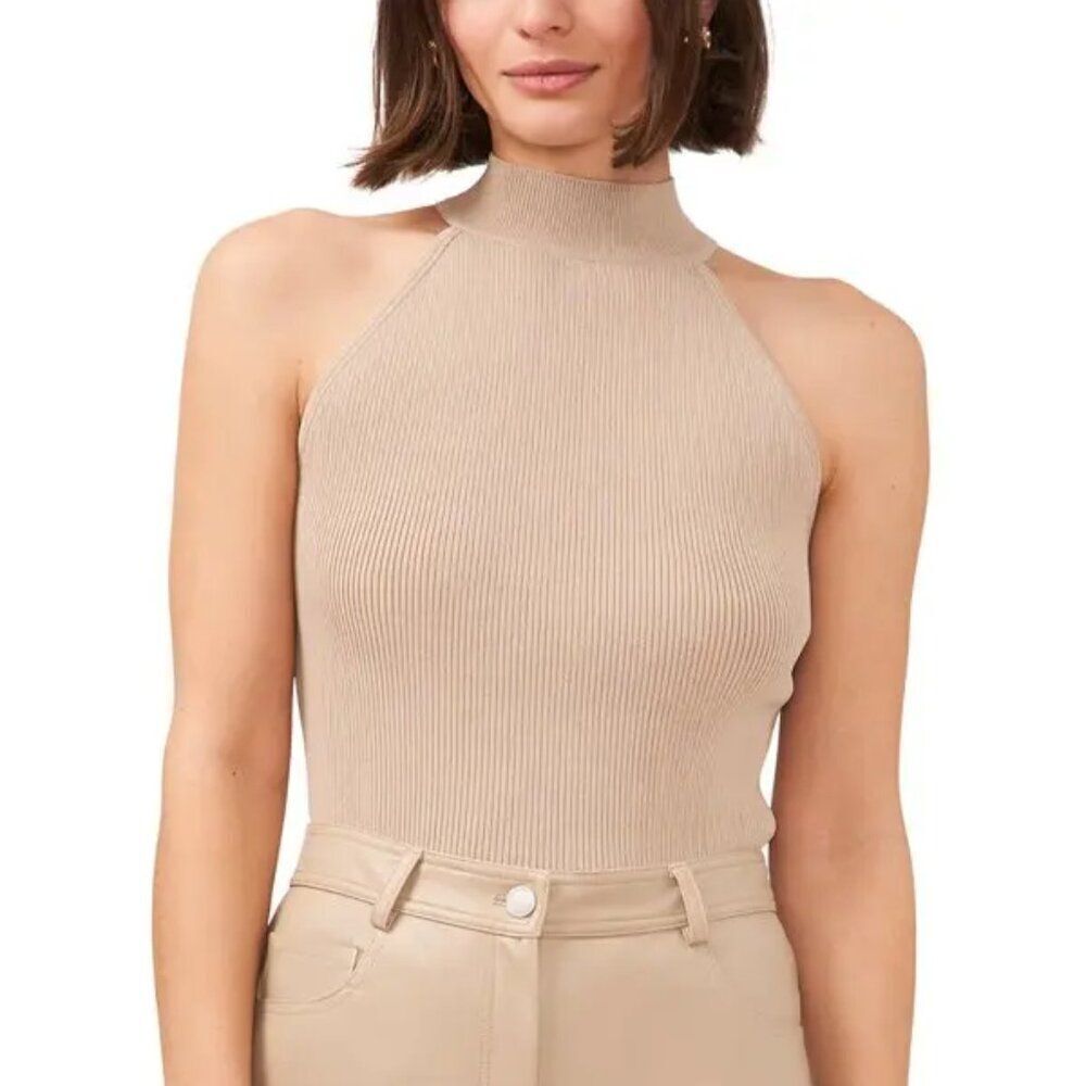 🦋 HALOGEN 🦋 NEW - Mock Neck Ribbed Sleeveless Top - (XXL, Tan)